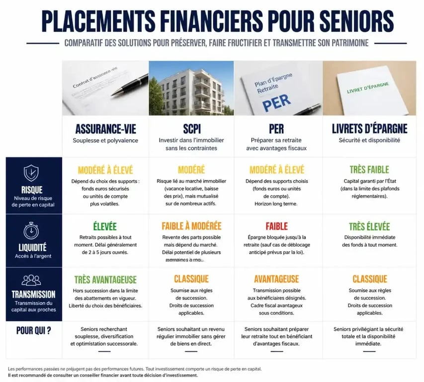 Infographie comparative des meilleurs placements pour seniors : assurance-vie, SCPI, PER et livrets