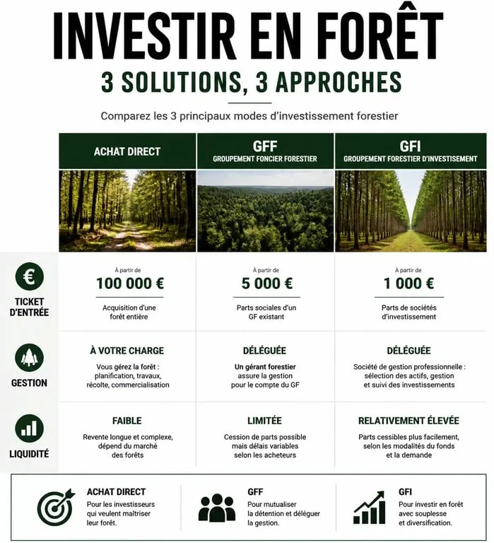 Comparatif des modes d'investissement dans la forêt : achat direct, GFF et GFI pour diversifier son patrimoine.