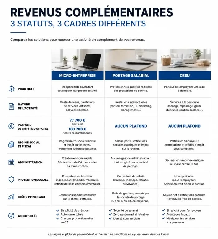 Tableau comparatif des statuts juridiques pour générer des revenus complémentaires : micro-entreprise, portage salarial et CESU.