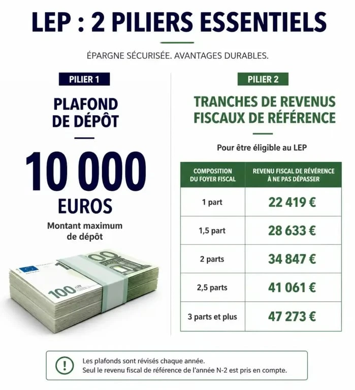 Infographie récapitulative du plafond du LEP et des conditions d'éligibilité selon le revenu fiscal de référence