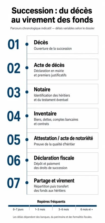 Infographie des étapes et délais d'une succession notariale pour le virement des fonds