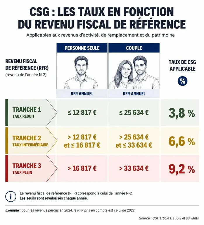 Infographie des taux de CSG et seuils de revenus pour la retraite Agirc-Arrco