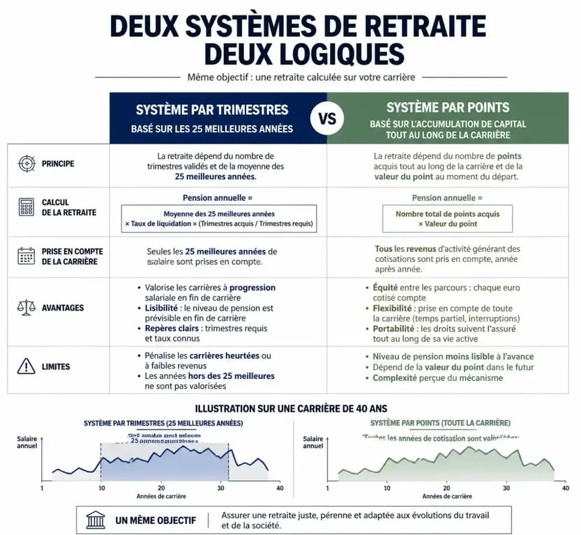Comparatif visuel entre le système de retraite par trimestres et le système de retraite par points avantages et inconvénients
