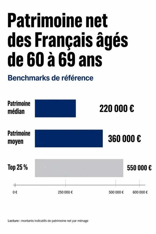 Benchmarks du patrimoine net à 60 ans en France : comparaison entre le patrimoine médian, moyen et le top 25% pour évaluer combien avoir de côté à 60 ans.