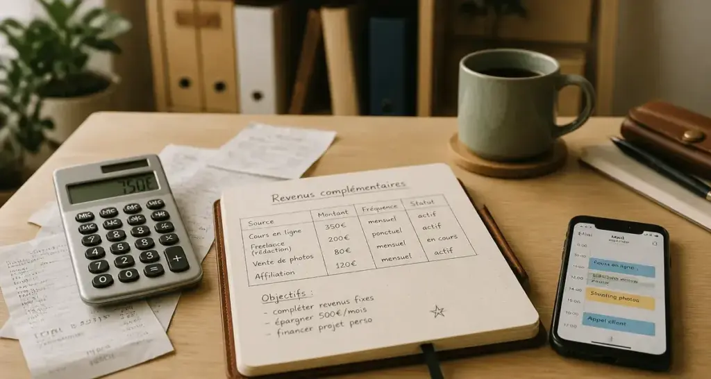Revenus complémentaires : carnet, calculatrice et smartphone pour gagner plus