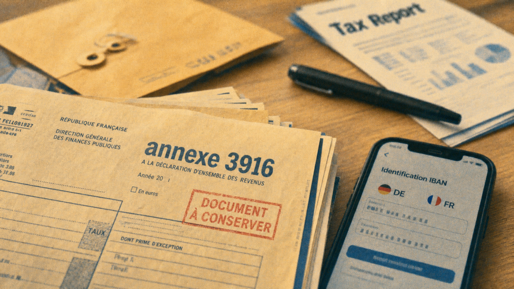 trade republic declaration impot : formulaires fiscaux et IBAN sur un bureau