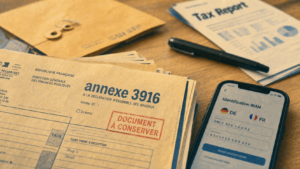 trade republic declaration impot : formulaires fiscaux et IBAN sur un bureau