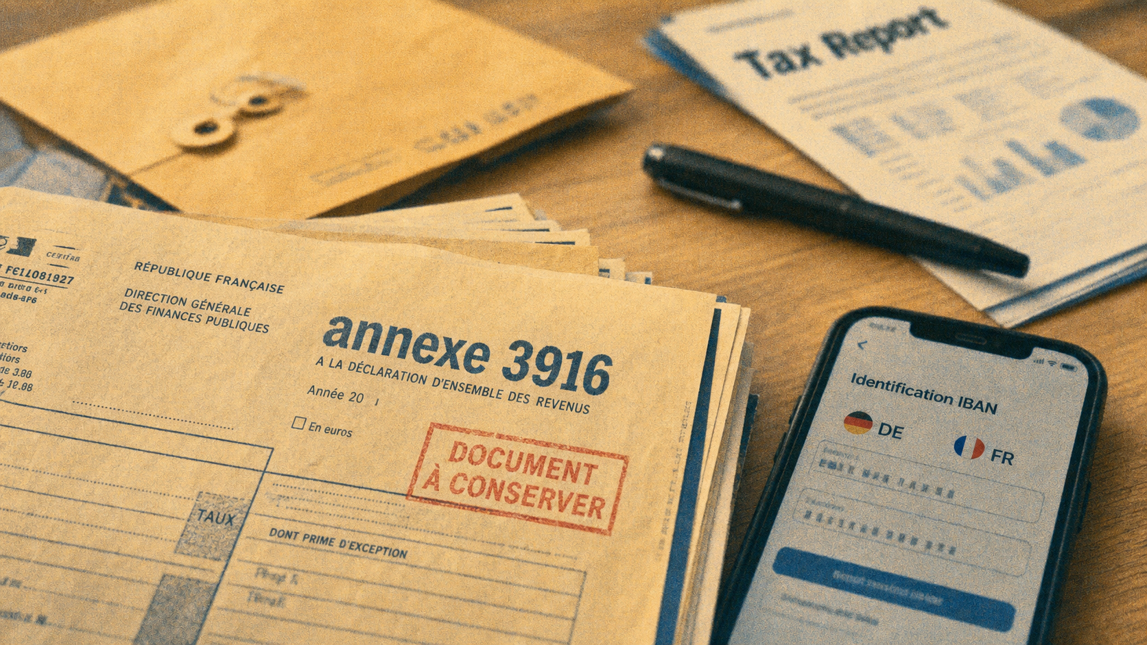 trade republic declaration impot : formulaires fiscaux et IBAN sur un bureau