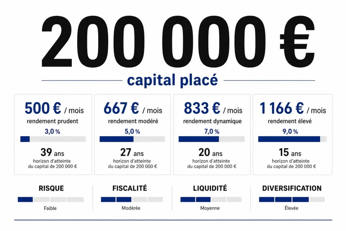 Combien rapporte 200 000 euros placés par mois selon différents scénarios de rendement mensuel