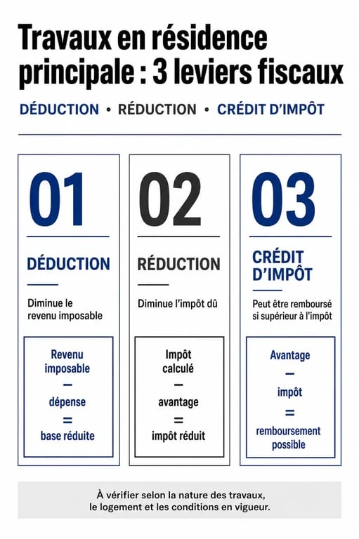 Infographie sur les travaux déductibles des impôts et avantages fiscaux pour une résidence principale en 2024