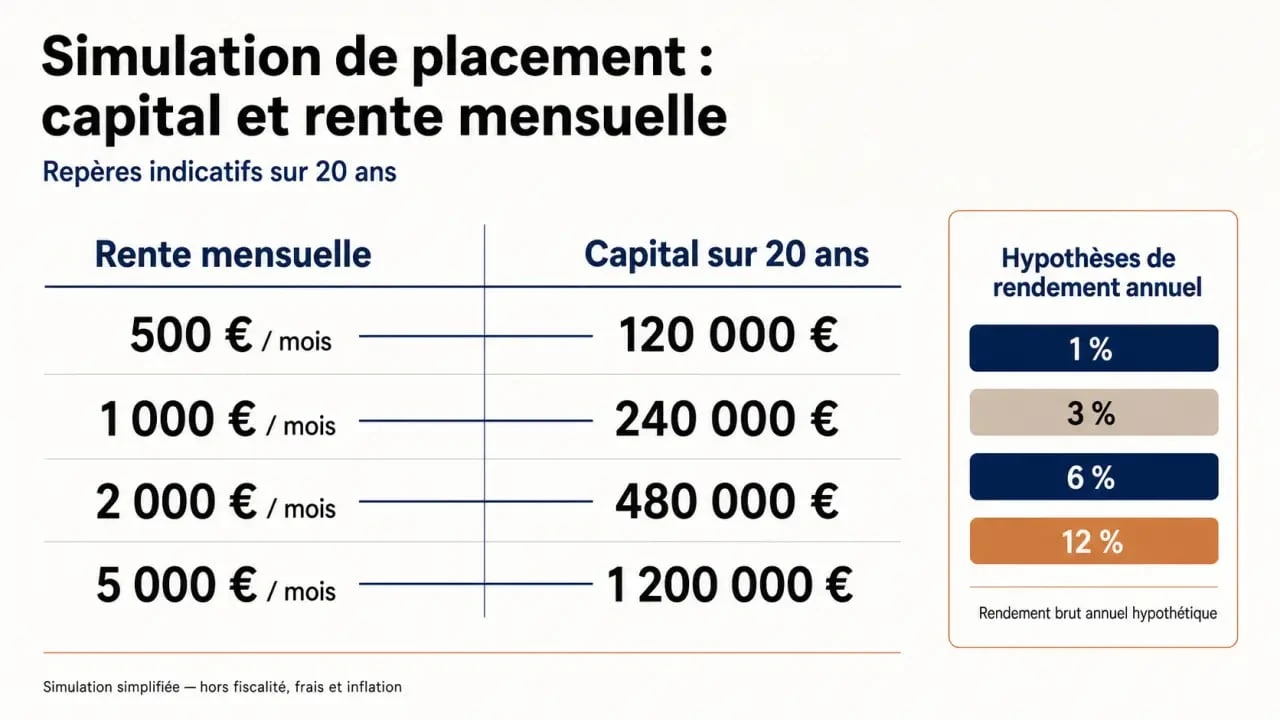 Infographie sur la simulation placement avec rente mensuelle montrant le capital nécessaire selon la rente visée et le rendement annuel
