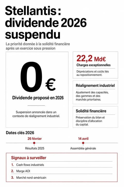 Dividende Stellantis 2026 : visualisation éditoriale des charges, des dates clés et des indicateurs à surveiller