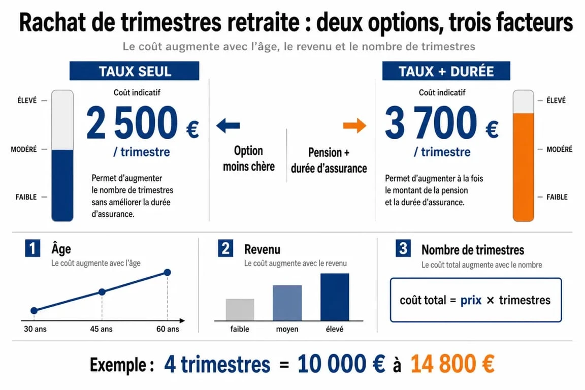 Infographie sur le prix de rachat de trimestre retraite avec comparaison des options et des facteurs de coût
