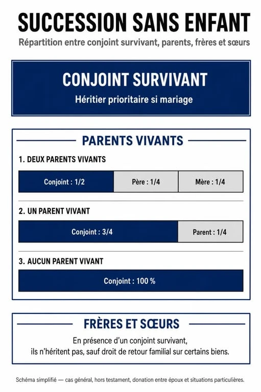 Infographie sur l'ordre des héritiers lors d'une succession sans enfant avec testament