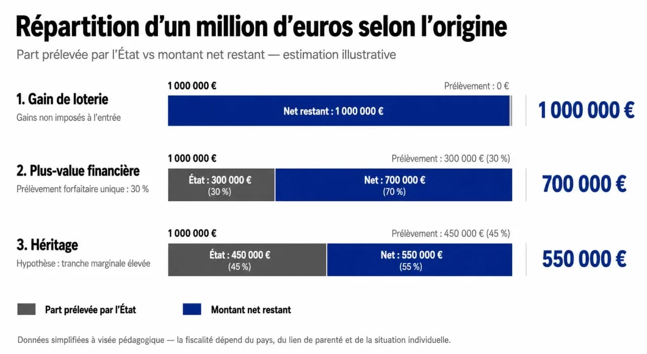 Infographie montrant la fiscalité sur un million d'euros selon l'origine des fonds : combien l'État prend sur 1 million.