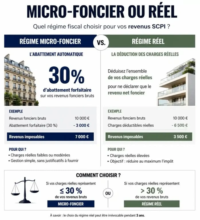 Infographie comparative : régime micro-foncier vs régime réel pour l'imposition des revenus SCPI