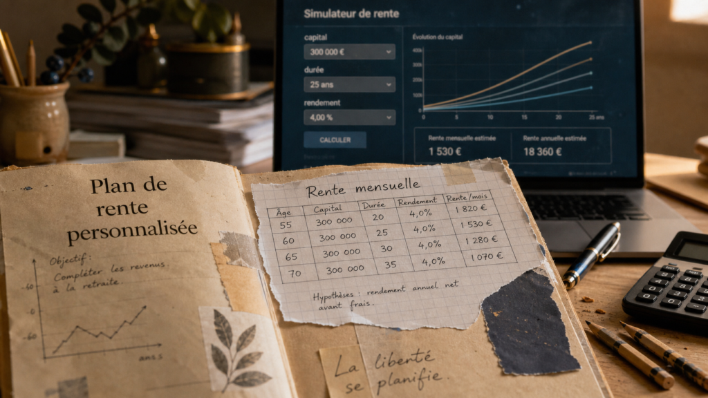Simulation placement avec rente mensuelle : capital et taux net