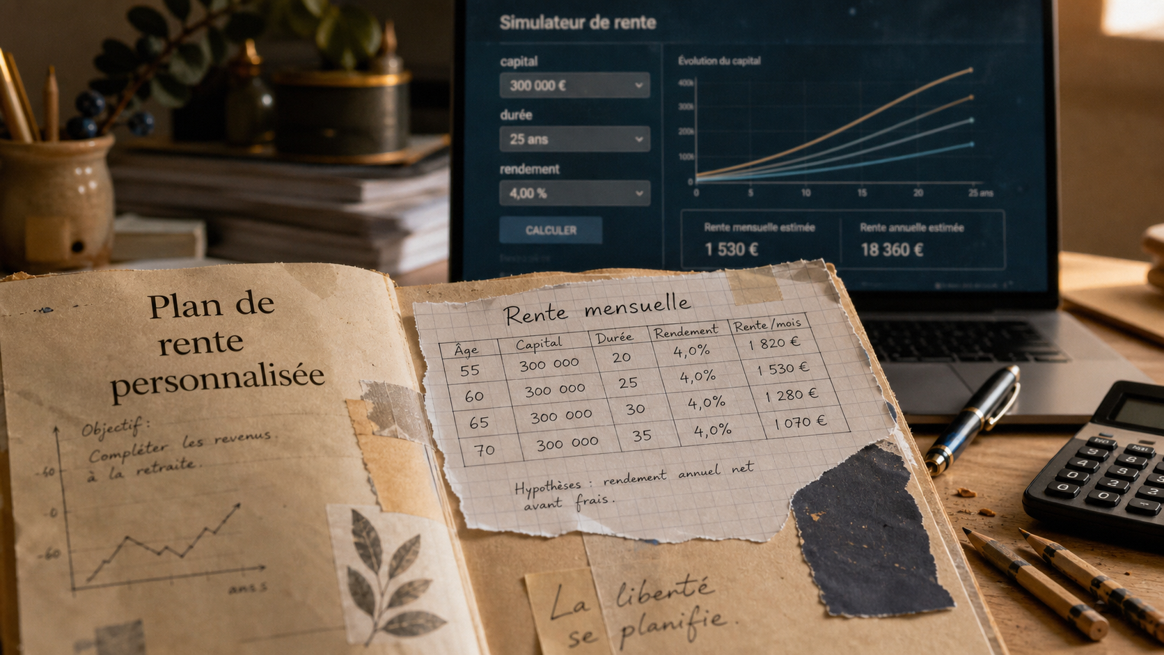 Simulation placement avec rente mensuelle : capital et taux net