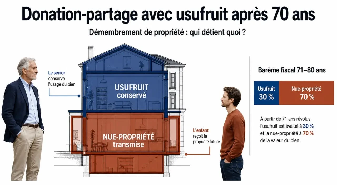 Donation-partage avec usufruit après 70 ans : schéma du démembrement de propriété et du barème fiscal