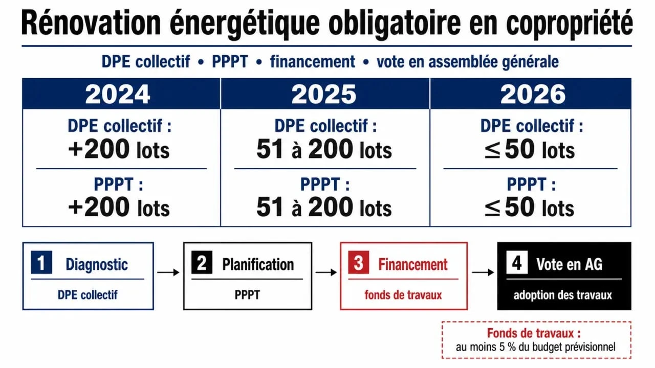 Rénovation énergétique obligatoire copropriété : calendrier des obligations DPE collectif et PPPT