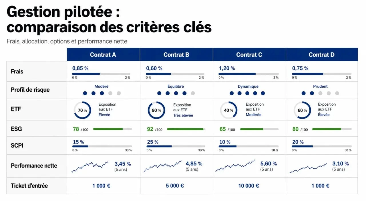 Comparatif meilleur assurance vie gestion pilotée avec frais, profils de risque, ETF et ESG