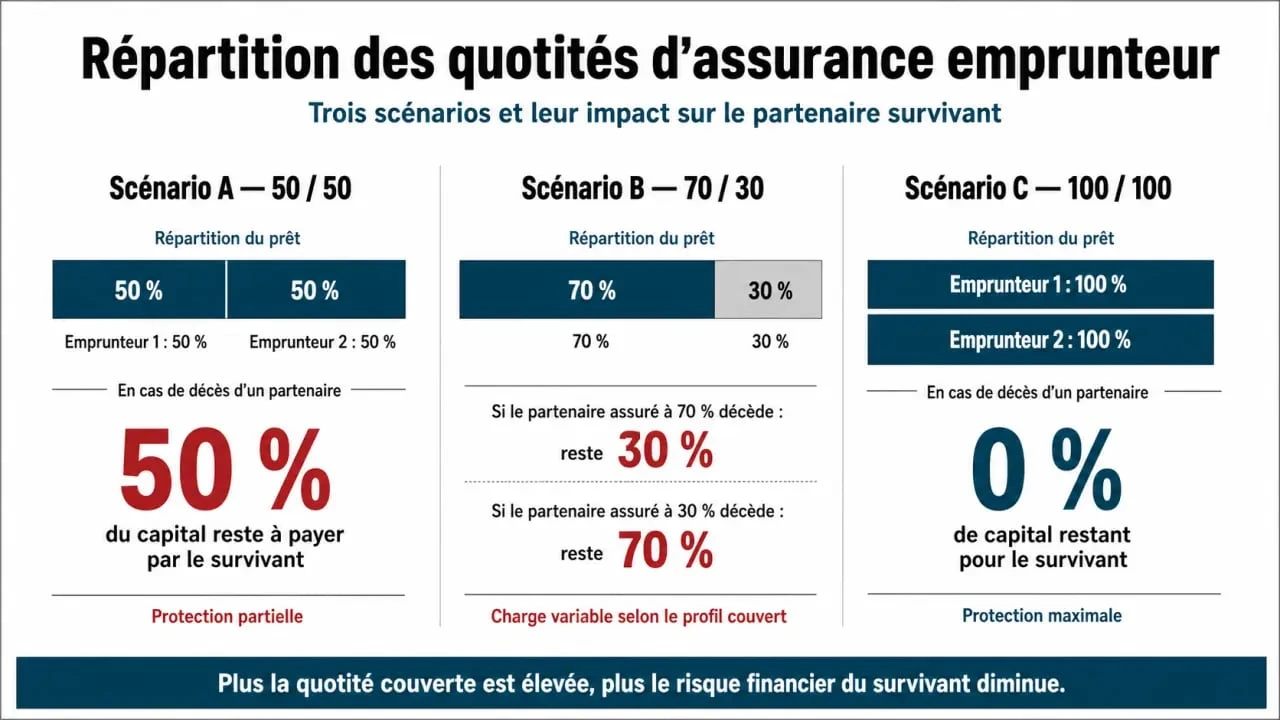 Infographie illustrant l'impact de la quotité d'assurance emprunteur sur le capital restant à charge