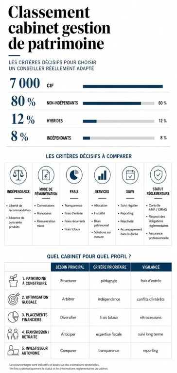 Infographie sur le classement cabinet gestion de patrimoine avec critères de choix et comparaison des types de cabinets