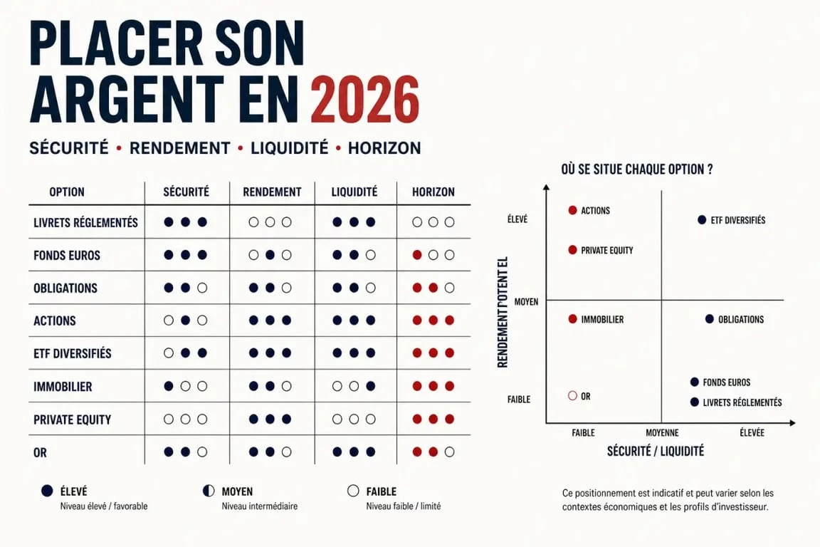 Où mettre son argent : comparatif visuel des placements selon sécurité, rendement, liquidité et horizon