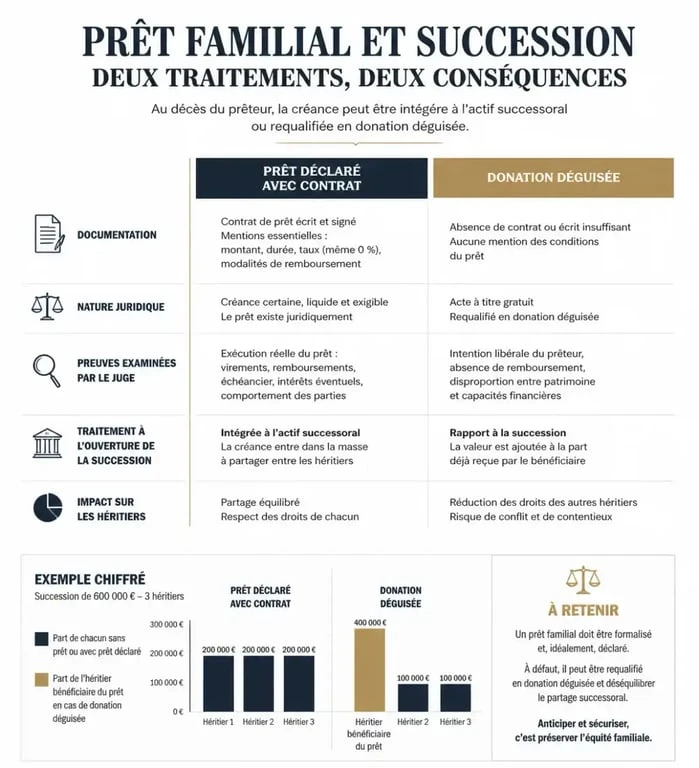 Infographie sur le traitement d'un prêt familial lors d'une succession et risques de requalification en donation