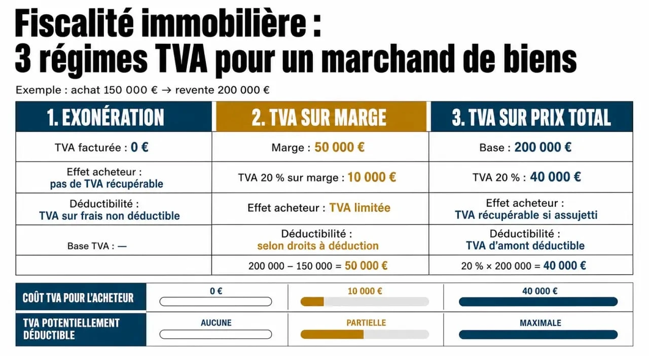 TVA et marchand de biens : comparaison visuelle des régimes exonération, TVA sur marge et TVA sur prix total