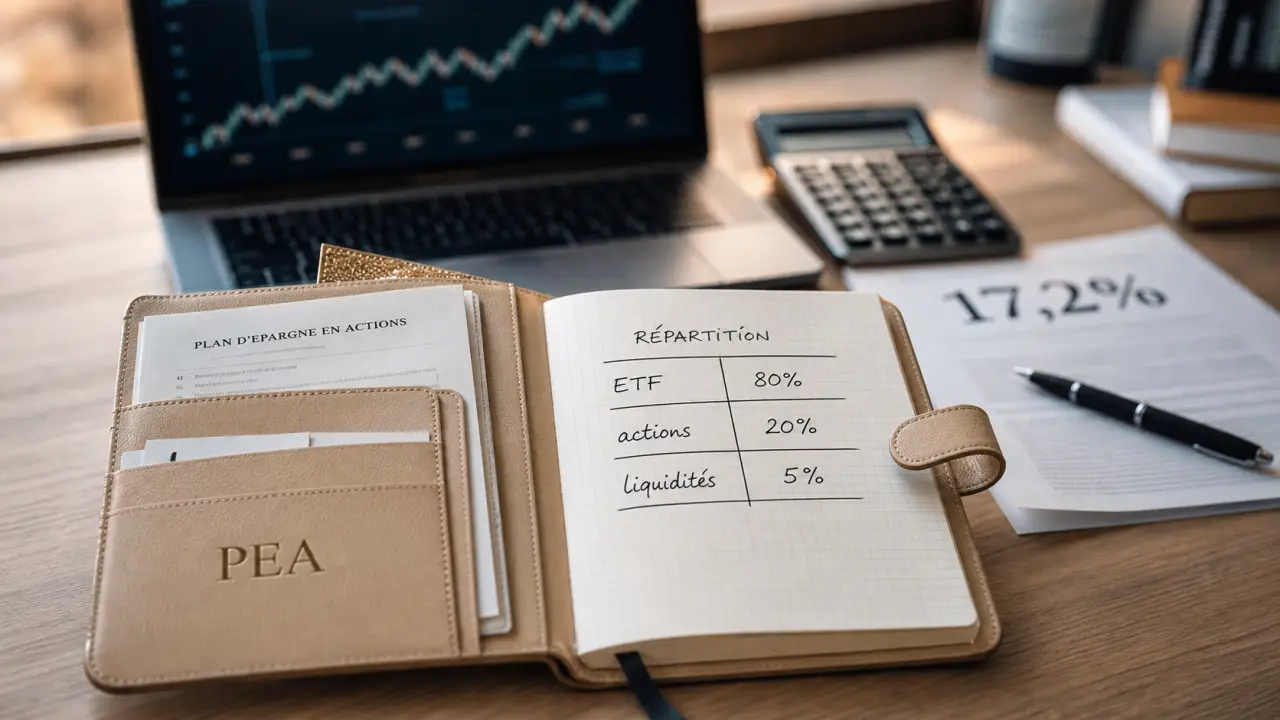 Exemple portefeuille PEA avec 3 allocations par profil : ETF et actions, vue bureau finance