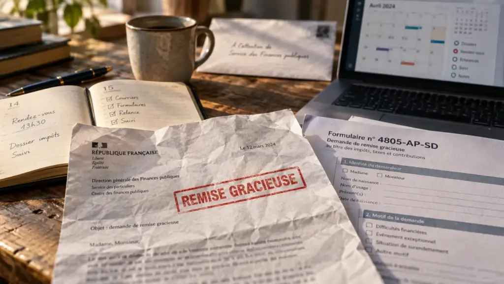 Demande gracieuse impots : dossier et formulaire 4805 sur table