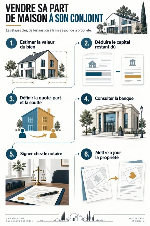 Étapes pour vendre une part de sa maison à son conjoint, de l'estimation à l'acte notarié