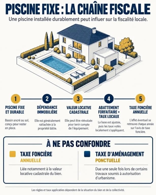 Infographie sur la taxe foncière piscine et le calcul de la valeur locative cadastrale