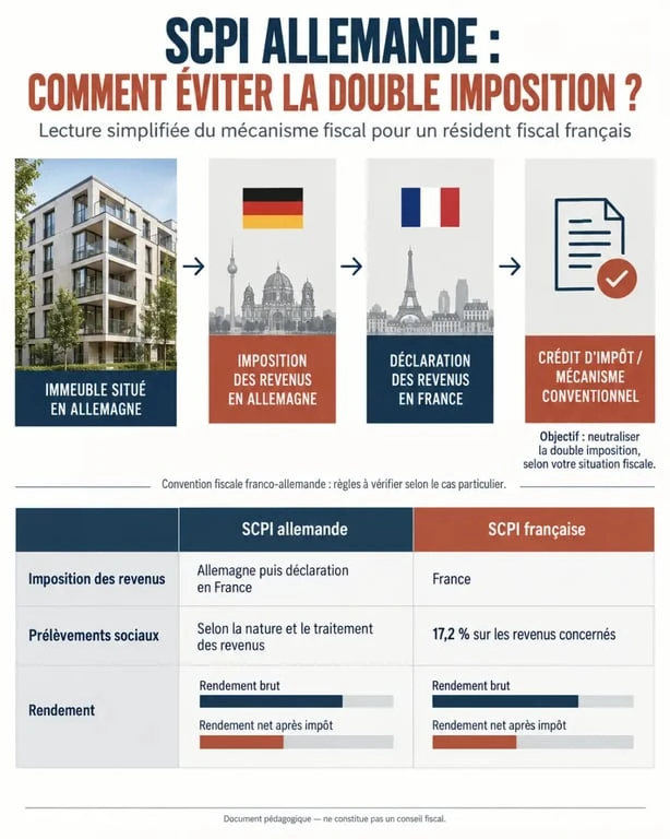 Infographie sur la fiscalité SCPI allemande et le mécanisme de crédit d’impôt