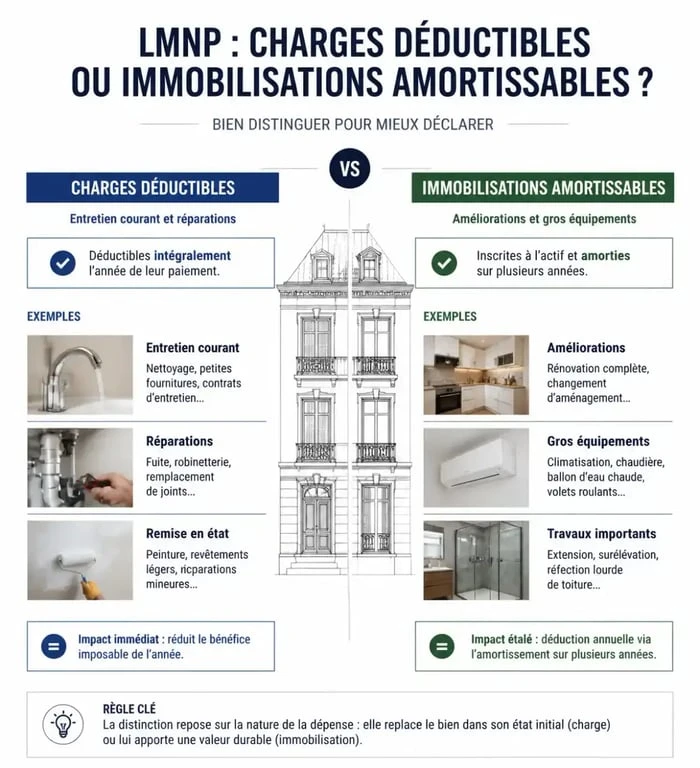 Schéma explicatif des travaux LMNP : charges déductibles vs immobilisations amortissables avant location