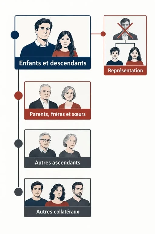 Schéma de dévolution successorale exemple montrant l’ordre des héritiers et la représentation successorale
