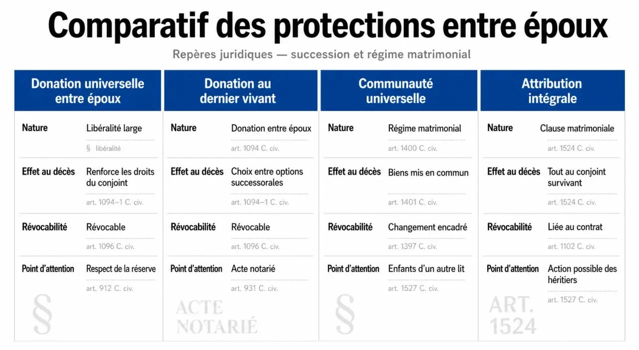 Donation universelle entre epoux : comparatif visuel avec donation au dernier vivant, communauté universelle et clause d’attribution intégrale