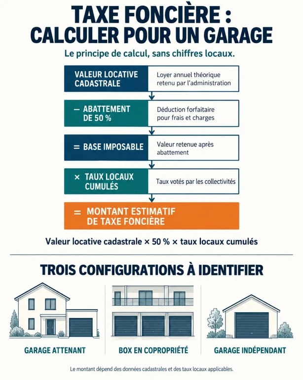 Taxe fonciere garage : infographie du calcul selon la valeur locative cadastrale et les taux locaux