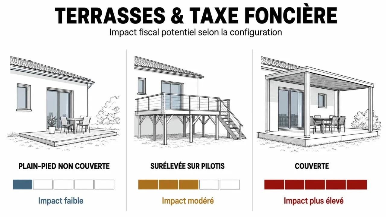 Terrasse taxe foncière : comparaison visuelle entre terrasse de plain-pied, terrasse surélevée et terrasse couverte