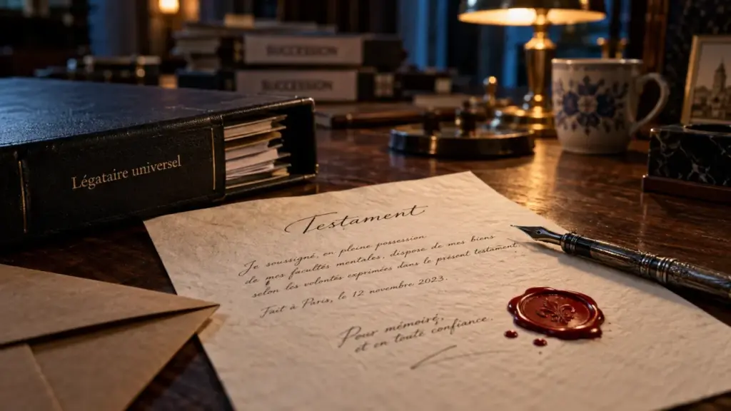 Legataire universelle def : testament et dossier de succession sur un bureau