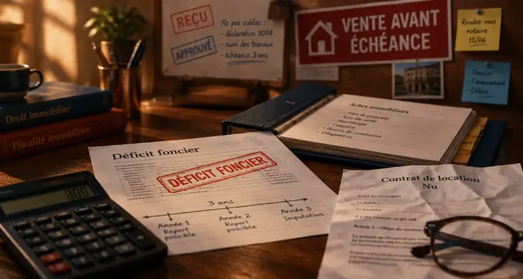 Que devient le déficit foncier en cas de vente après 3 ans